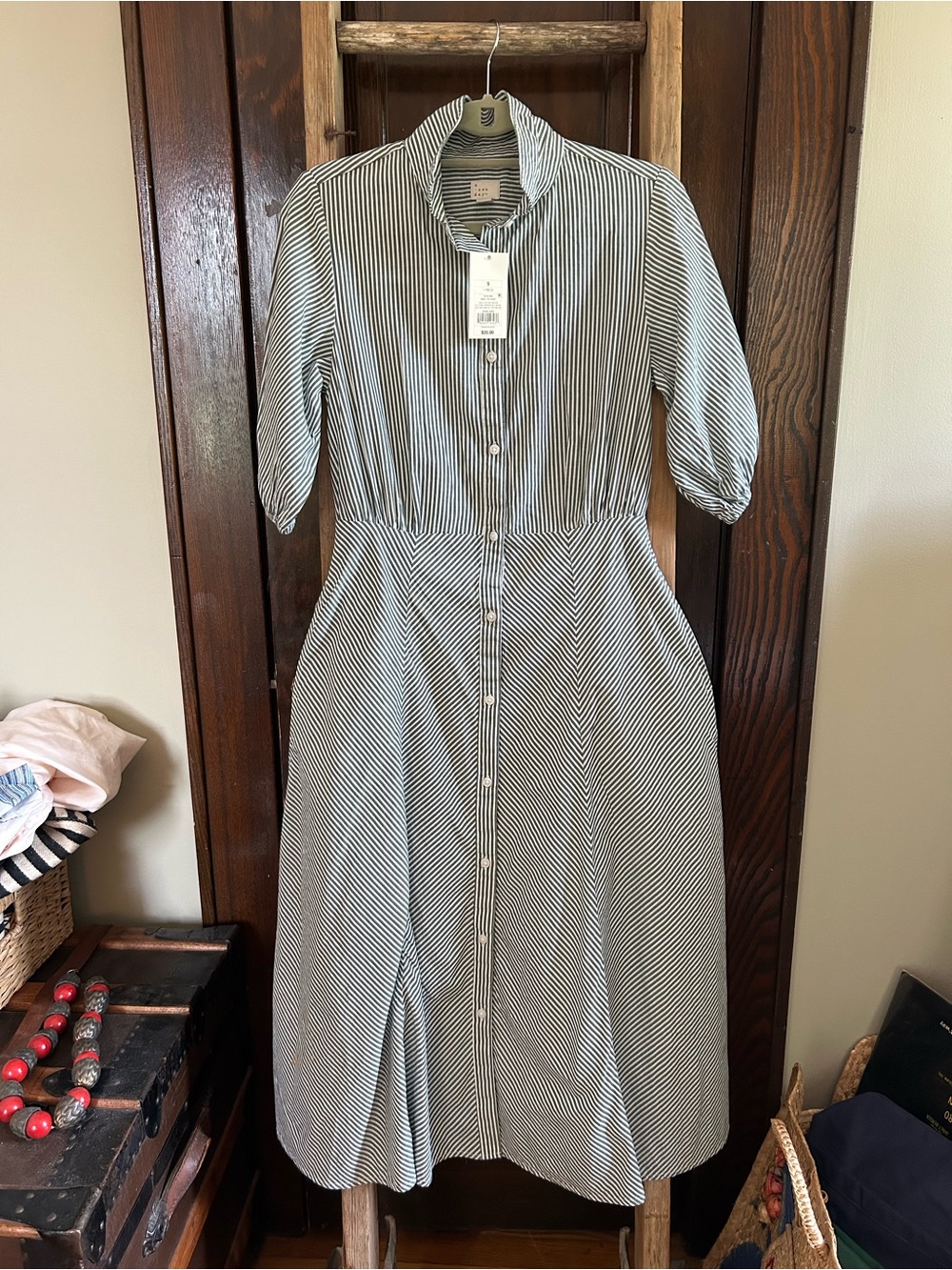 a new day green/white Striped Button-Front shirt Dress w/ pockets, NWT, size S